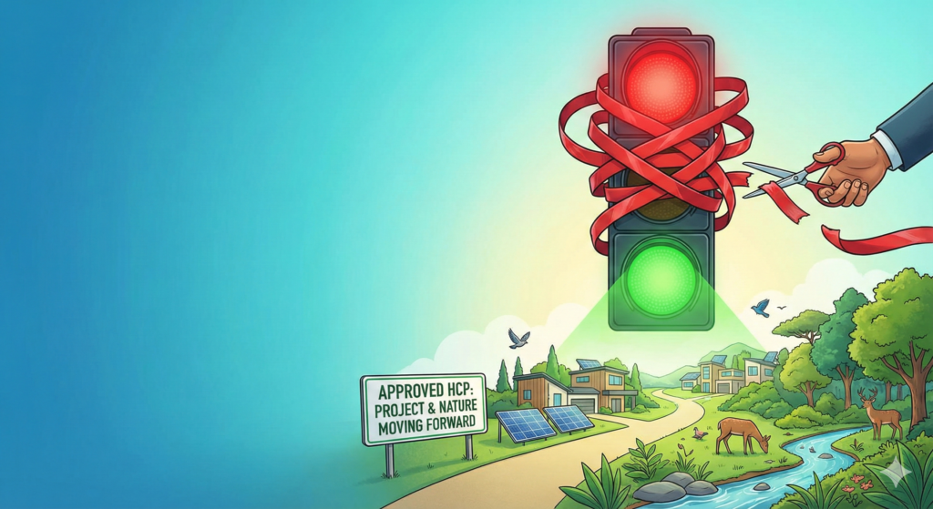 A visual metaphor for the successful completion of a Habitat Conservation Plan, depicting tangled red bureaucratic tape transforming into a glowing green pathway that leads toward a sustainable development project coexisting harmoniously with wildlife under a sunrise.