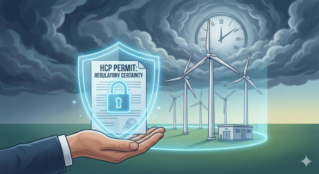 An illustration symbolizing regulatory certainty, showing a hand holding an "HCP Permit" document encased in a glowing blue shield with a padlock. In the background, a wind farm is protected by a similar energy shield against dark storm clouds and a large clock face, representing future regulatory stability.