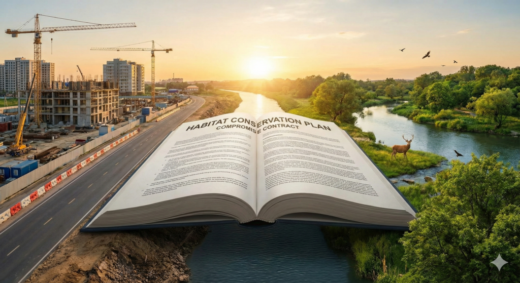 A conceptual illustration showing an open book titled "Habitat Conservation Plan Compromise Contract" acting as a bridge connecting a busy construction site on the left with a lush, protected river habitat containing wildlife on the right, under a sunset sky.