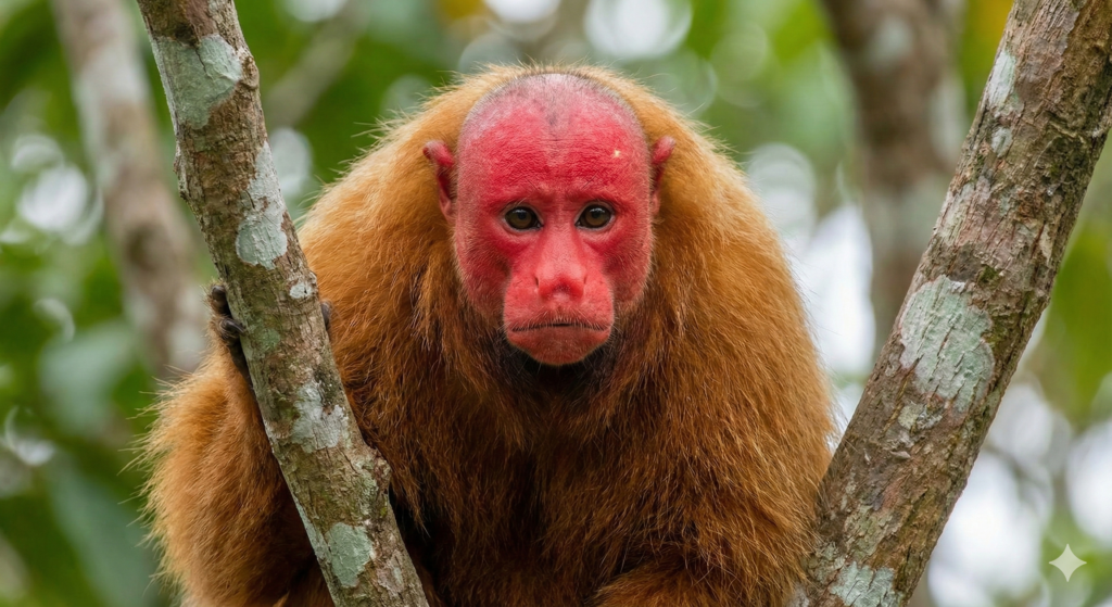 A Bald Uakari monkey, a type of rare Amazon forest animal, with a bright red face and shaggy orange fur looking from a tree.