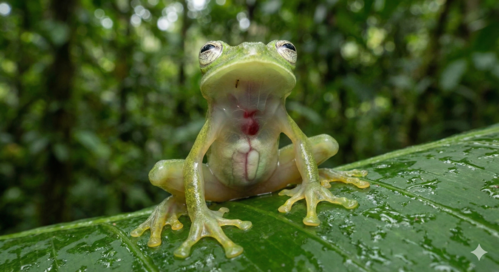 Close-up of a Glass Frog, one of the rare Amazon forest animals, on a leaf with its transparent skin showing its internal organs.