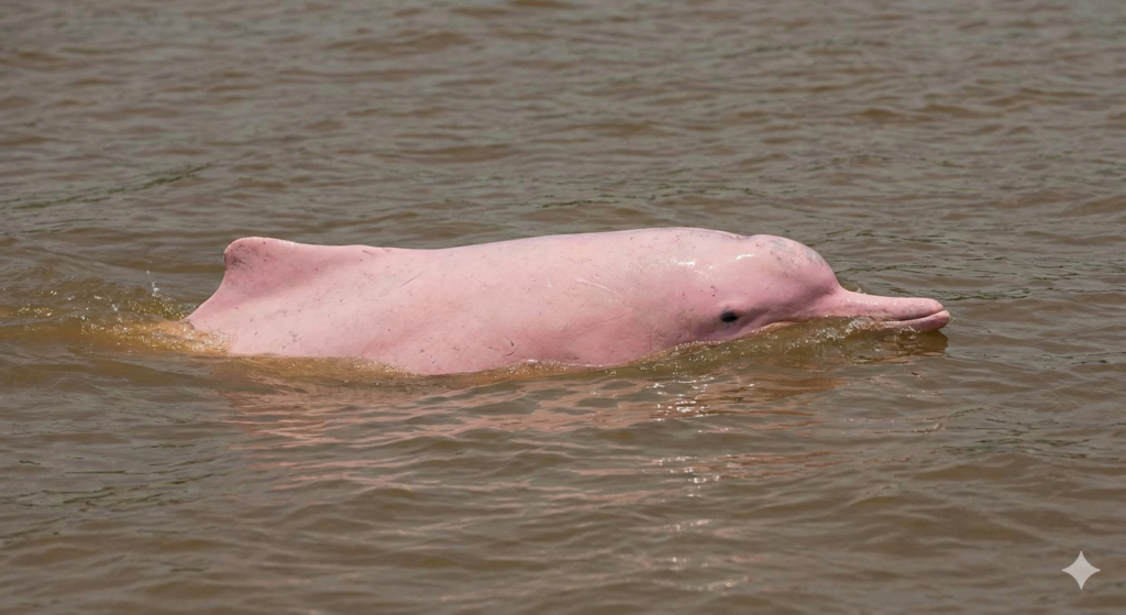 A Pink River Dolphin, one of the rare Amazon forest animals, surfacing in the muddy water of the Amazon river.