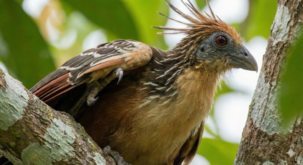 A young Hoatzin, a rare Amazon forest animal, perched on a branch with its wing claw visible.