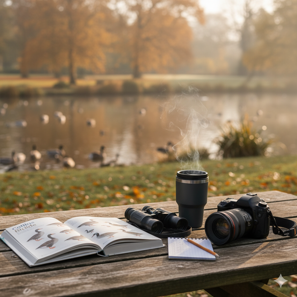 A birdwatching setup on a wooden picnic table with a tranquil lake and trees in the background. The table holds an open bird identification guide, a pair of binoculars, a steaming travel mug, a notebook, a pencil, and a camera with a lens, all bathed in soft, natural light, suggesting a peaceful autumn morning of nature observation.