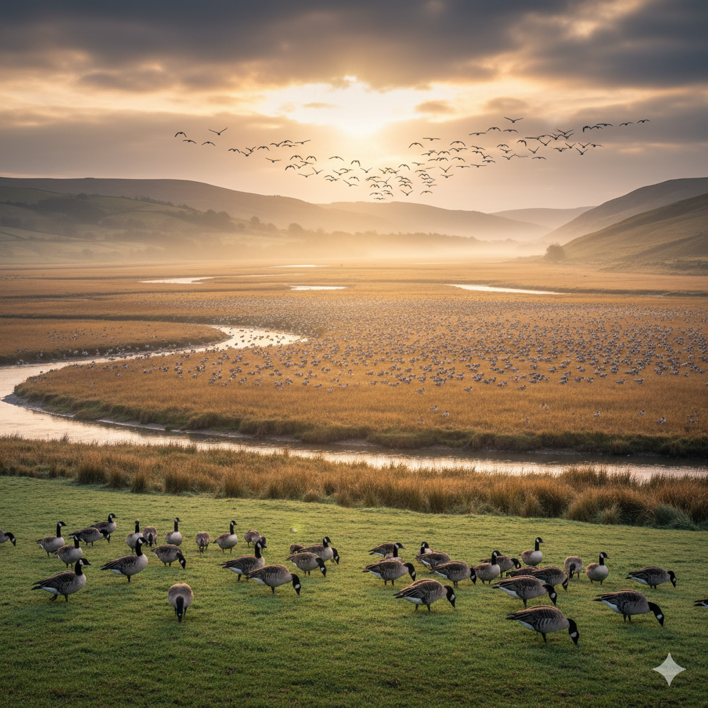 Types of Geese UK: A vast flock of geese, including Canada and Greylag geese, gather in a marshy UK landscape at sunrise, with more birds flying in a V-formation across a golden, misty sky over rolling hills and a winding river.