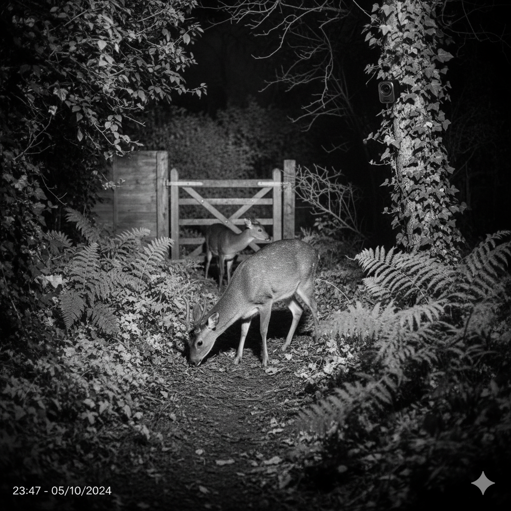A Muntjac deer is captured at night by a trail camera, foraging in a garden with dense foliage and a wooden gate in the background. The image is in black and white