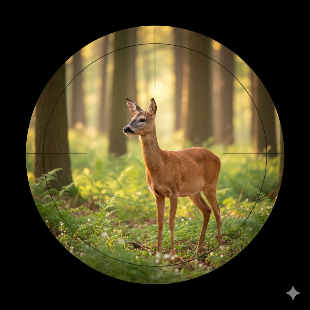 A Roe deer stands in a verdant forest, viewed through the circular frame of a pair of binoculars, looking attentive.