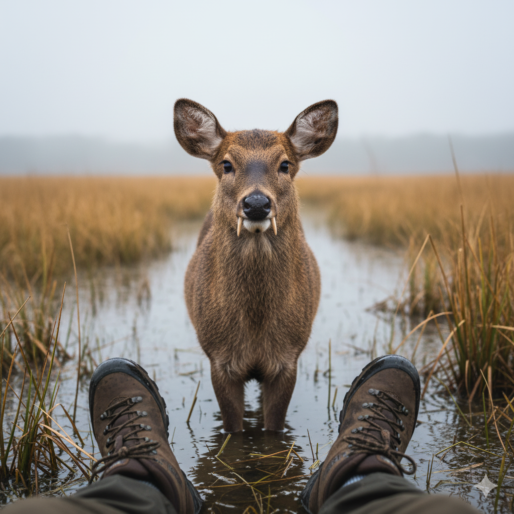 A person's waterproof boots are partially submerged in a marsh, looking towards a Chinese Water Deer with large tusks standing in the water.