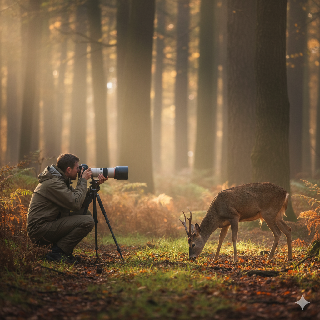A wildlife photographer with a long telephoto lens on a tripod is crouched on the forest floor, capturing an image of a Roe deer grazing peacefully in sunlit woods.